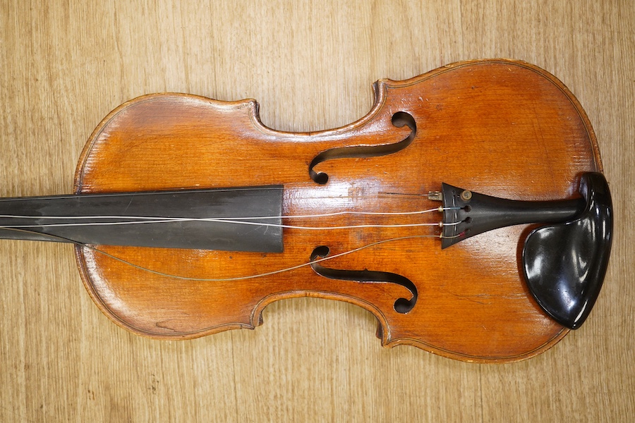 A late 19th century French violin, back measures 36cm. Condition - fair